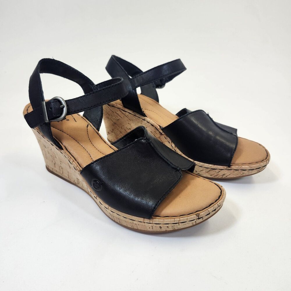 Born Schirra Womens 8M Black Leather Wedge Sandals Cork Platform Ankle Shoes